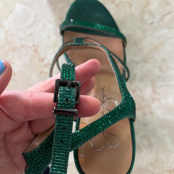 Jessica Simpson Emerald Green Rhinestone Meitini Sz 7.5 Strappy Platform Sandals - Picture 14 of 14